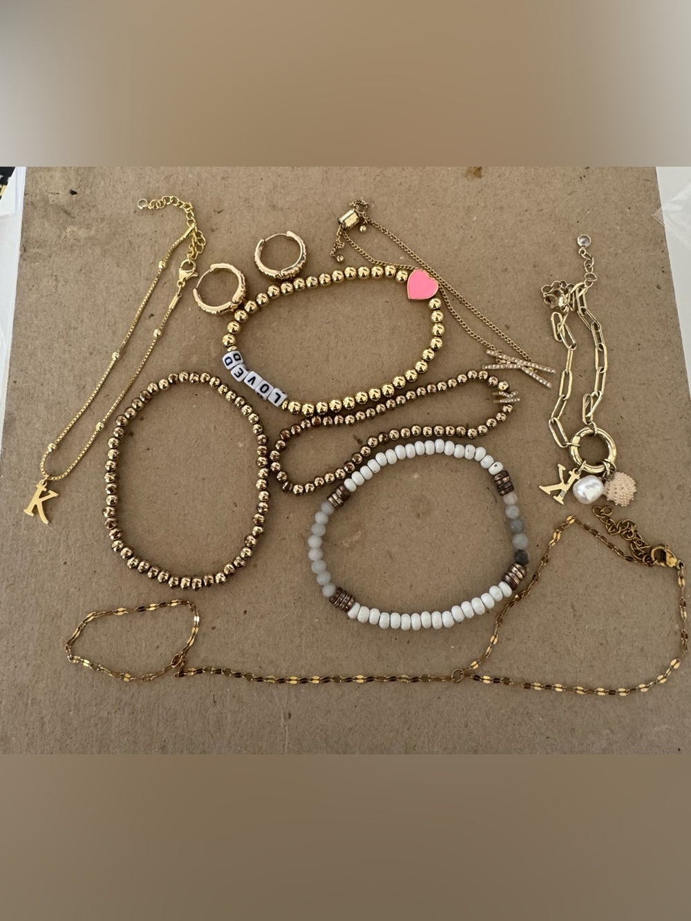 Lot of Jewelry Baublebar Set of 4 Gold Beaded Rhinestone “K” Monogram & Heart